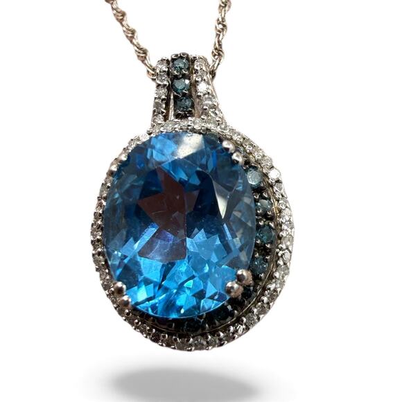 Blue Topaz Double Diamond Halo Pendant Necklace 925 Sterling Silver 18in Chain - Picture 4 of 8